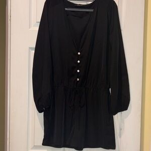 Black Long-Sleeve V-Neck Drawstring Romper, Large